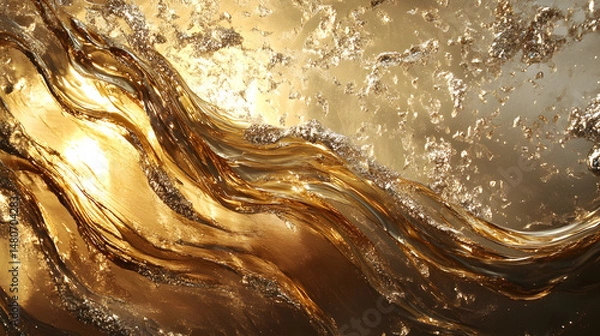 Obraz An abstract wave of flowing paint in metallic golds and silvers, with subtle texture and shadow details