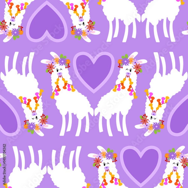 Fototapeta Cute llamas with flower wreaths with hearts on purple background