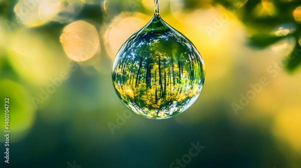 Fototapeta An ultra-close-up of a drop of water suspended mid-air, reflecting an entire forest within the droplet