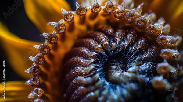 Fototapeta An ultra-close-up of a sunflower's center, capturing the fine details and spiraling pattern of its seeds