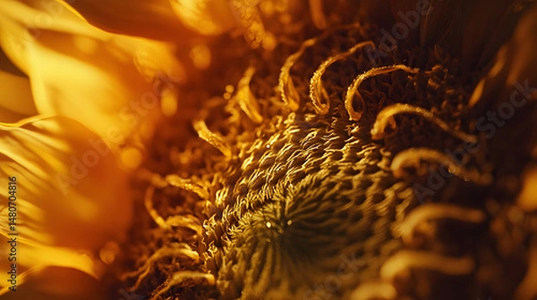 Fototapeta An ultra-close-up of a sunflower's center, capturing the fine details and spiraling pattern of its seeds
