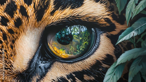 Fototapeta An ultra-detailed close-up of a leopard's eye, reflecting its surrounding jungle in vibrant, sharp clarity