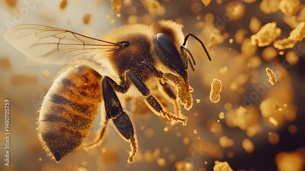 Fototapeta Macro shot of a honeybee collecting pollen, focusing on the tiny pollen grains stuck to its fuzzy legs and body