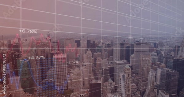Fototapeta Image of data processing over modern building and grid