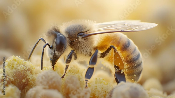 Fototapeta Macro shot of a honeybee collecting pollen, focusing on the tiny pollen grains stuck to its fuzzy legs and body