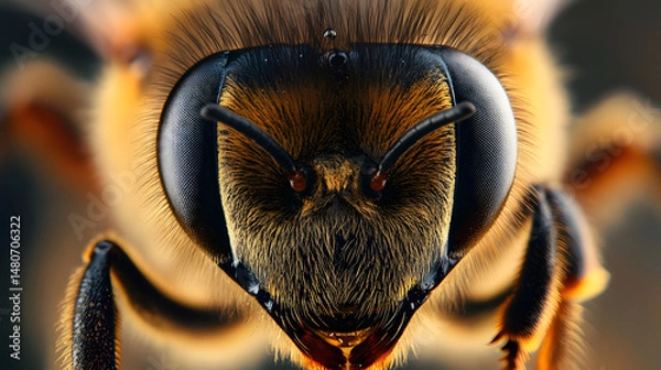 Fototapeta Ultra close-up of a honeybee's compound eyes, showing the intricate patterns and reflective surfaces with fine hairs around its face