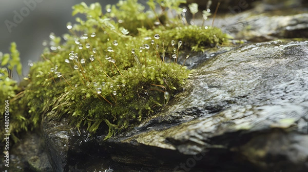 Fototapeta Ultra macro shot of moss on a rock, with dew-covered tendrils and fine details of the tiny ecosystem