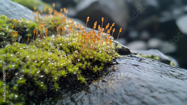 Fototapeta Ultra macro shot of moss on a rock, with dew-covered tendrils and fine details of the tiny ecosystem