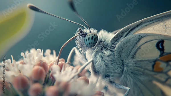 Fototapeta Ultra close-up of a butterfly's proboscis as it feeds on a flower, with fine details of its antennae and wing scales