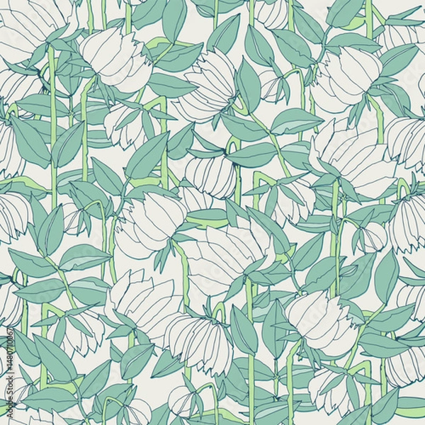 Obraz Seamless pattern with hand drawn meadow bold flowers. Colorful illustrations on blue background for surface design and other design projects