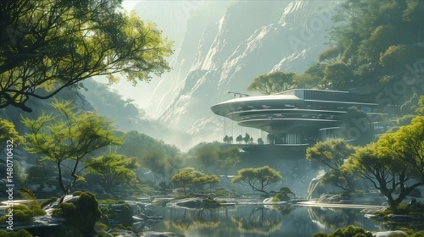 Fototapeta A futuristic building surrounded by lush nature, reflecting harmony between architecture and the environment.
