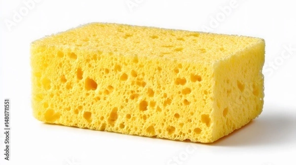 Fototapeta Bright yellow sponge on a clean white background, suitable for various cleaning tasks.