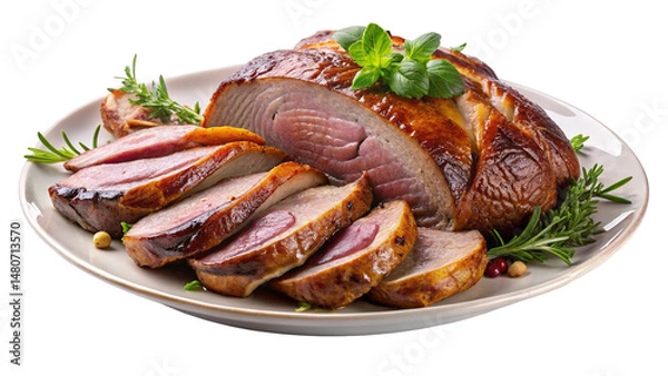 Obraz Delicious roasted pork loin recipe with herbs and spices for thanksgiving or christmas dinner on transparent background