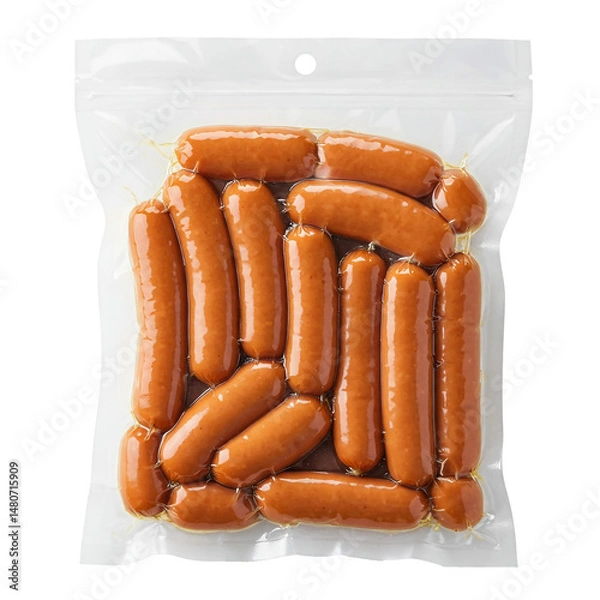 Obraz Assortment of sausages packed in clear plastic for retail display in a grocery store setting