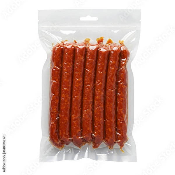 Obraz Packaged dried sausage sticks in vacuum seal for fresh preservation ready for snacking