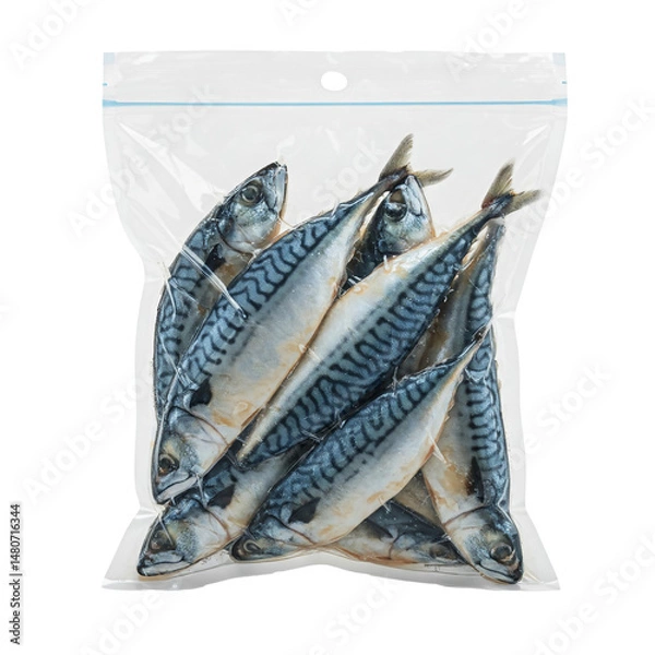 Obraz Freshly packaged mackerel fish displayed in a clear plastic bag on a countertop