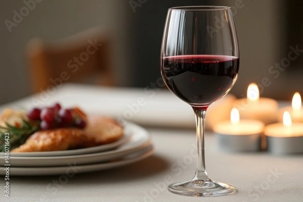 Fototapeta A glass of red wine on a candlelit dinner table, creating a romantic atmosphere