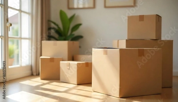 Fototapeta Cardboard boxes packed and shifted in new home with house view in background created with generative ai