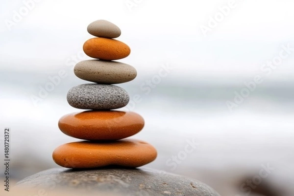 Fototapeta Balanced stack of colorful, smooth stones on a beach, serene and calming composition against an overcast sky.