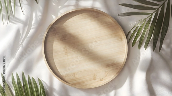 Fototapeta A wooden tray with a leafy green background