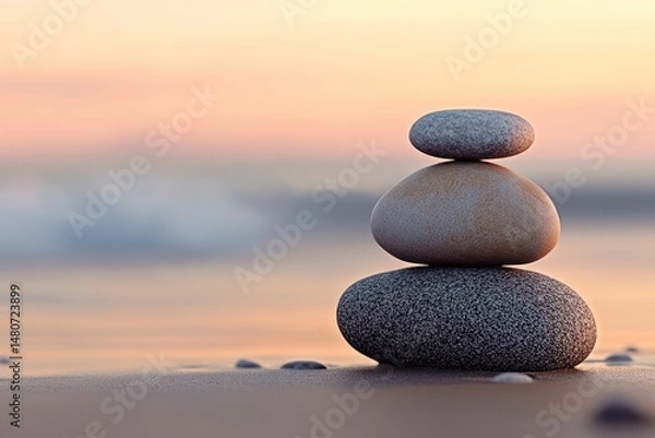 Fototapeta Balanced stones gracefully stacked against a soft sunrise backdrop, embodying tranquility and harmony on a serene beach setting.