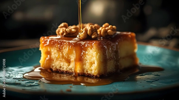 Fototapeta Caramel Walnut Cake Slice - Drizzled Dessert on Plate