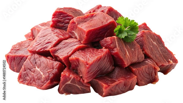Fototapeta Fresh raw beef cubes for stew diced beef chuck roast cubes beef stew meat beef tips raw meat on transparent background