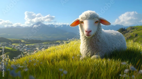 Fototapeta Sheep in Sunny Meadow with Mountains - Peaceful Farm Scene