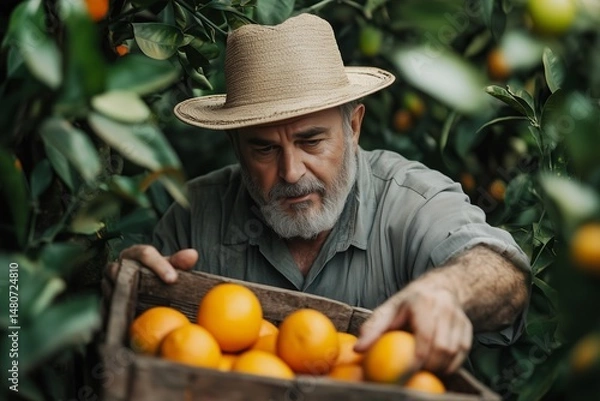 Fototapeta Farmer sorting oranges