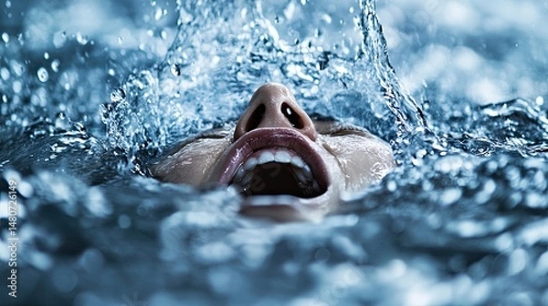 Obraz Dramatic close-up of a human face gasping through turbulent water, expressing urgency and emotion