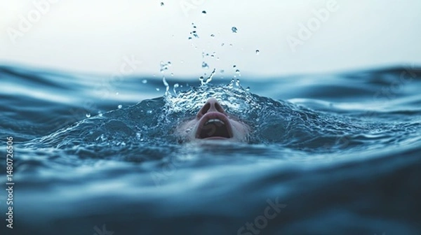 Obraz Intense splash scene with a face emerging from chaotic water, showing emotion and physical struggle