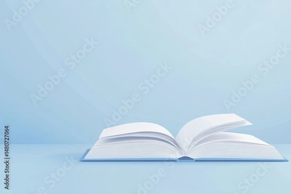 Obraz Open book on light blue background, minimalistic concept with blank pages for education or design themes
