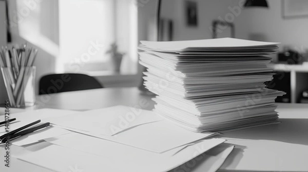 Obraz Pile of documents on table in quiet workspace, symbolizing workload, research or office tasks