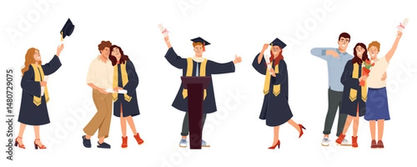 Fototapeta Set of graduates in gowns with diplomas. Young men and women throwing caps, posing with family, celebrating Perfect for education-related design, poster, banner and invitation. Graduate vector concept