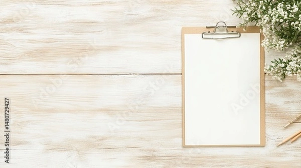 Obraz Flat Lay of Empty Clipboard with Pen and Green Plant on Neutral Surface, Office or Workspace Concept