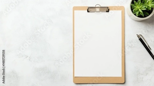 Obraz Flat Lay of Empty Clipboard with Pen and Green Plant on Neutral Surface, Office or Workspace Concept