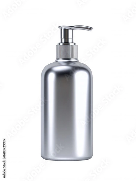 Obraz A shiny silver pump bottle for lotion or soap sits elegantly against a pure white background, showcasing modern simplicity and clean design for skincare products.