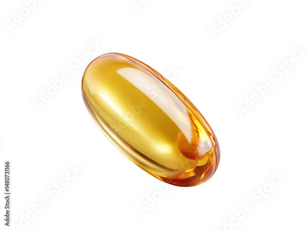 Obraz A single golden capsule of -3 fatty acids glistens on a white surface, promising health benefits and dietary supplementation for wellness routines.