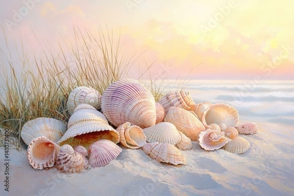 Fototapeta A beautiful oil painting of seashells on a sandy beach with soft, pastel sunset colors and dune grass.