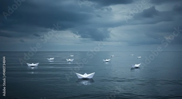 Fototapeta White paper boats float on calm water surface under dark overcast sky. Metaphor for journey, discovery, or overcoming challenge. Abstract background or header image.