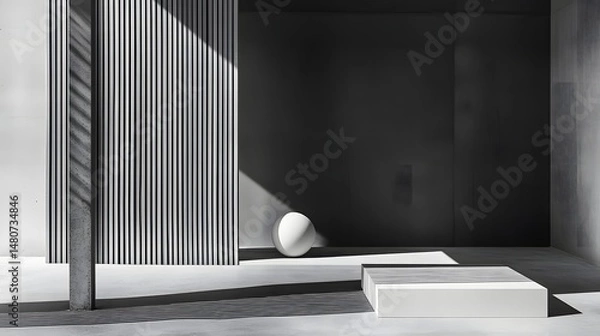 Fototapeta Modern interior design, minimalist display,  with striking light and shadow.