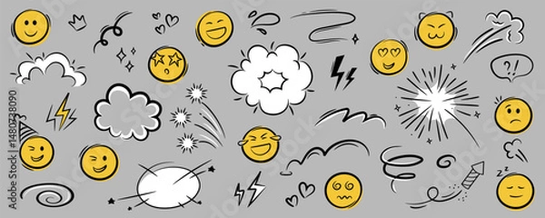 Fototapeta Comic doodle emoji set vector icon. Effect motion line element set. Fireworks, lightning, stars, heart. Hand drawn sketch doodle action effect. 