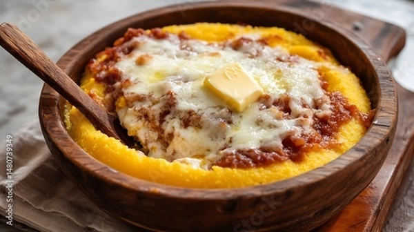 Fototapeta Regular view of Polenta Taragna melted cheese butter served wooden bowl rustic spoon Traditional northern Italian dish from the Lombardy and Piedmont regions cut out on isolated transparent background
