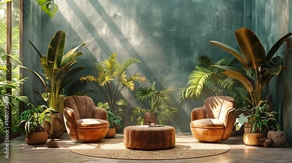Fototapeta Sophisticated tropical decor golden vases display high resolution photo