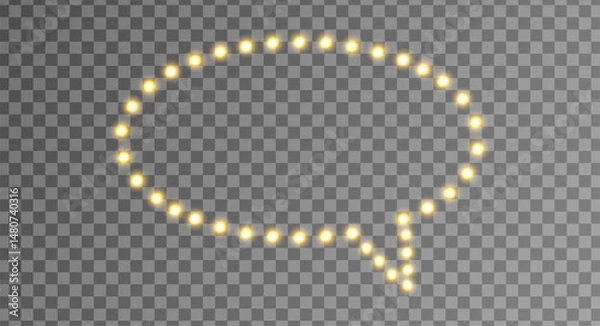 Fototapeta Light bulb. Speech bubble frame with glowing golden lights on transparent background. Perfect for retro signs, advertising, and promotions. Vector Illustration