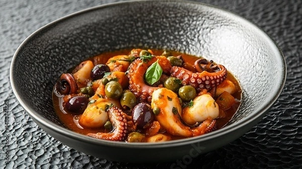 Fototapeta Regular view of Polpo alla Luciana tender octopus cooked tomato sauce olive caper served bowl over black textured surface Traditional seafood recipe Naples Italy cut out isolated transparent