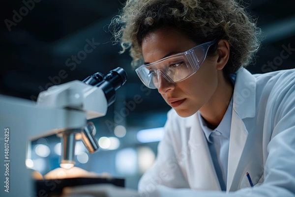 Fototapeta 
Scientist examining specimen through laboratory microscope intently.