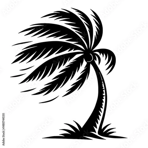 Fototapeta Tropical Breeze: A Stylized Illustration Of A Palm Tree Swaying In The Wind, Symbolizing Nature, Relaxation, Or Coastal Scenes