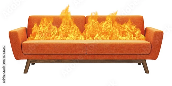 Obraz burning modern fabric sofa with wooden legs and cozy cushions isolated on white transparent background