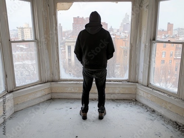 Obraz Person gazing at city view from dilapidated window, contemplating urban decay.
